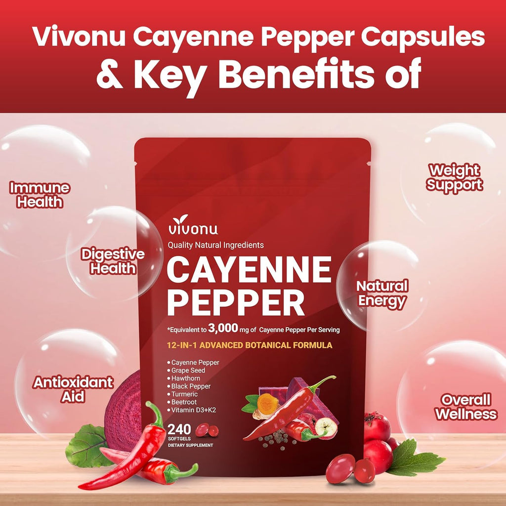 Cayenne Pepper Softgels Supplement, Supports Leg Vein, Heart and Blood Vessel Health, with Vitamin E D3+K2 and Extracts of Grape Seed, Hawthorn, Beetroot, Berberine and Others(240 Softgels/1 Bag).