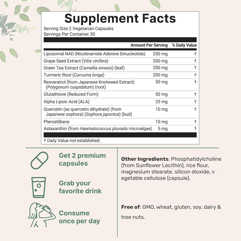 Liposomal NAD+ Ultimate 1,000mg | 60 Veggie Capsules | NMN Pathway Formula | 10-in-1 with Resveratrol, Glutathione & Astaxanthin | NAD Supplement for Women & Men | Anti-Aging, Energy, & Brain Support