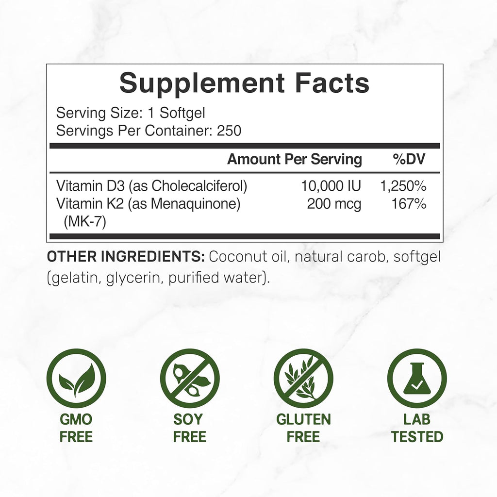 DEAL SUPPLEMENT Vitamin D3 10,000 IU + K2 MK7 200mcg Softgels, 250 Count | 2-in-1 Complex with Virgin Coconut Oil | Supports Heart, Bone, Teeth & Immune Health* | Easy to Swallow