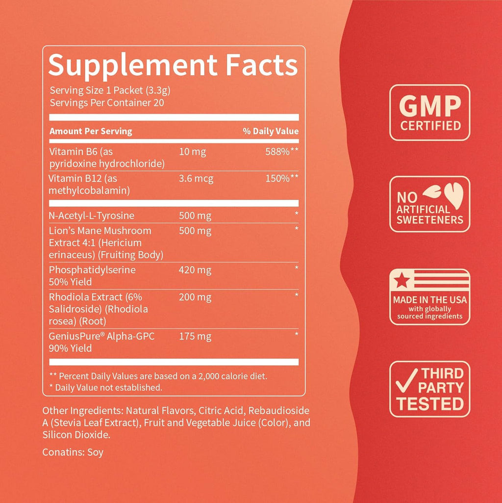 Drink Mix – Fruit Punch Flavor – Alpha GPC, Lion’s Mane, Rhodiola & N-Acetyl L-Tyrosine – Sugar-Free, On-The-Go Packets – 20 Servings