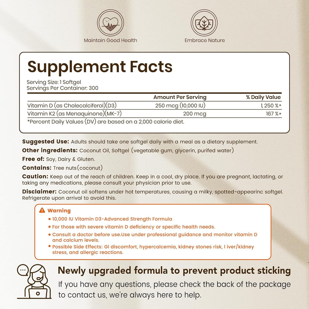 VEV Corefeel Vitamin D3 K2 10,000 IU, 200 mcg MK-7, 300 Coconut Oil Softgels, 2 in 1 Vitamins Supplement D & K (Include MK7), Easy to Swallow, Supports Calcium Absorption, Bone Health