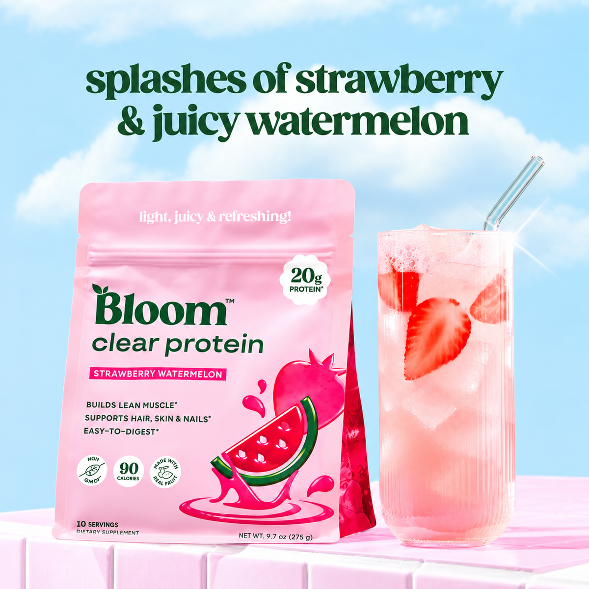 Bloom Nutrition Clear Protein - Clear Whey + Collagen Protein Blend | 20g Protein, 90 Calories, 0g Sugar, Light & uct Refreshing Fruity Drink | Protein for Women
