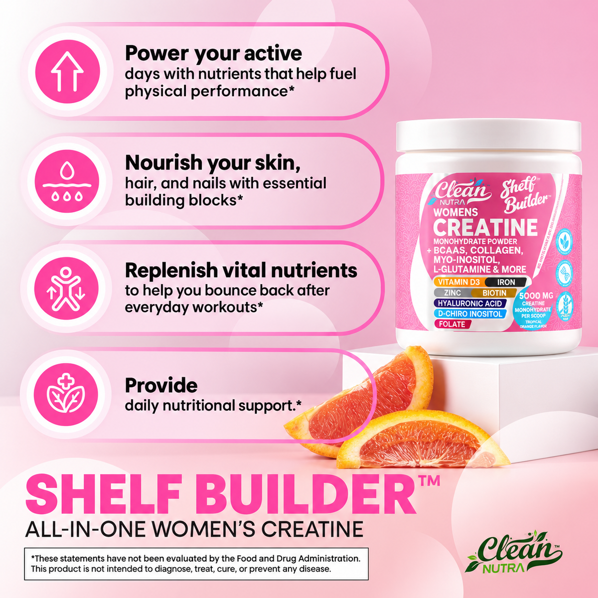 Clean Nutra Women’s Creatine Powder | Collagen + BCAAs | Orange Flavor